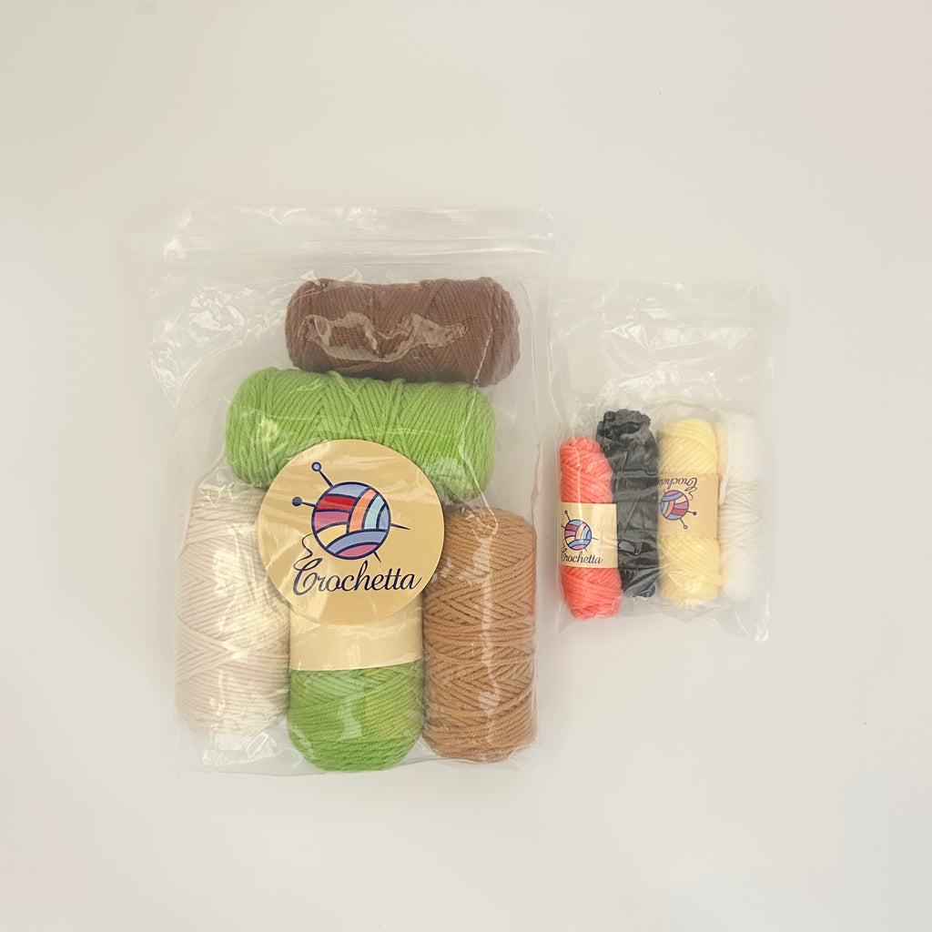 Packaged yarn set with Crochetta brand label on a white background