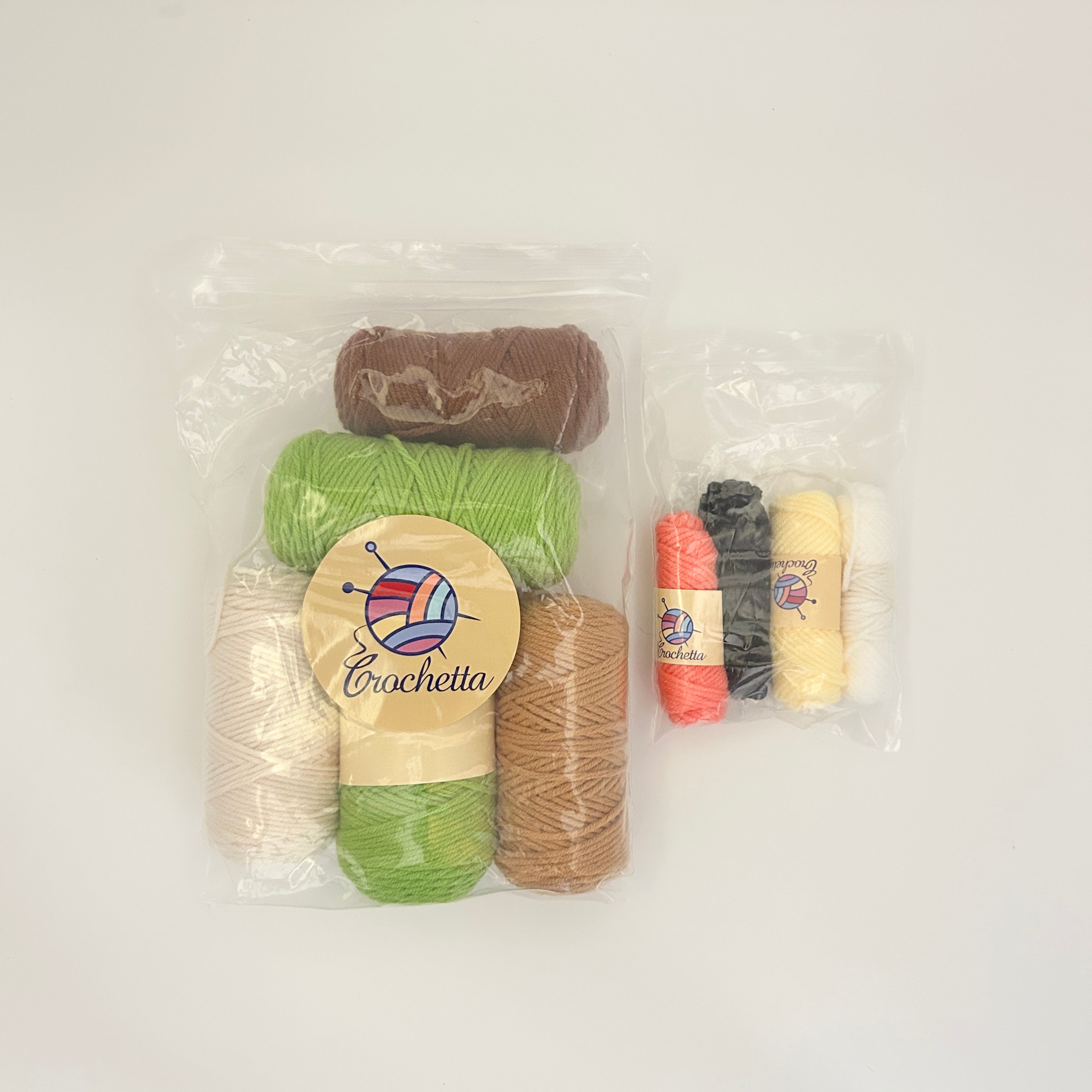 Packaged yarn set with Crochetta brand label on a white background