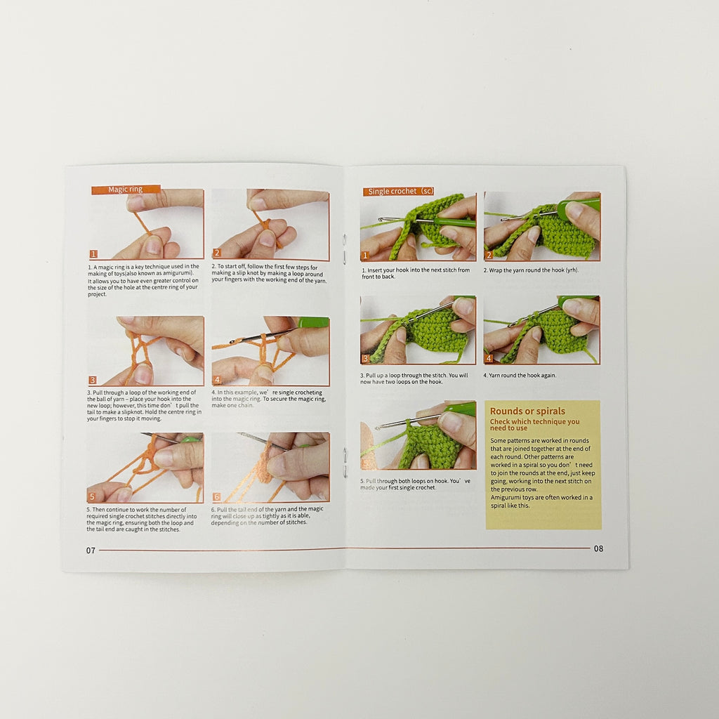 Instructional crochet guide with step-by-step illustrations on a white background