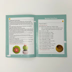 Open book with crochet patterns for a cactus plant and pot on a white background
